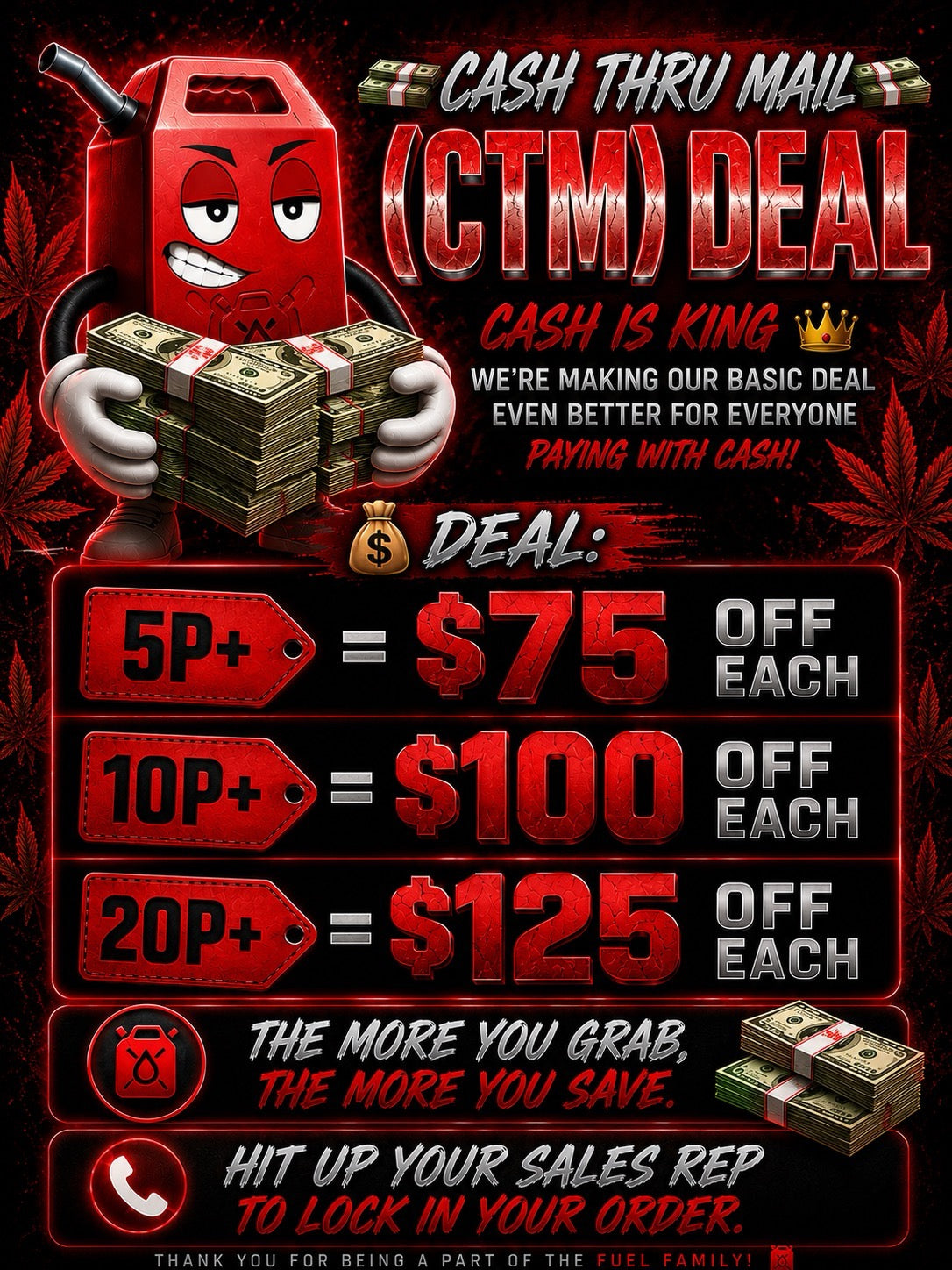 Cash Thru Mail (CTM) Deal — $75 off per pound on 5P+, $100 off on 10P+, $125 off on 20P+