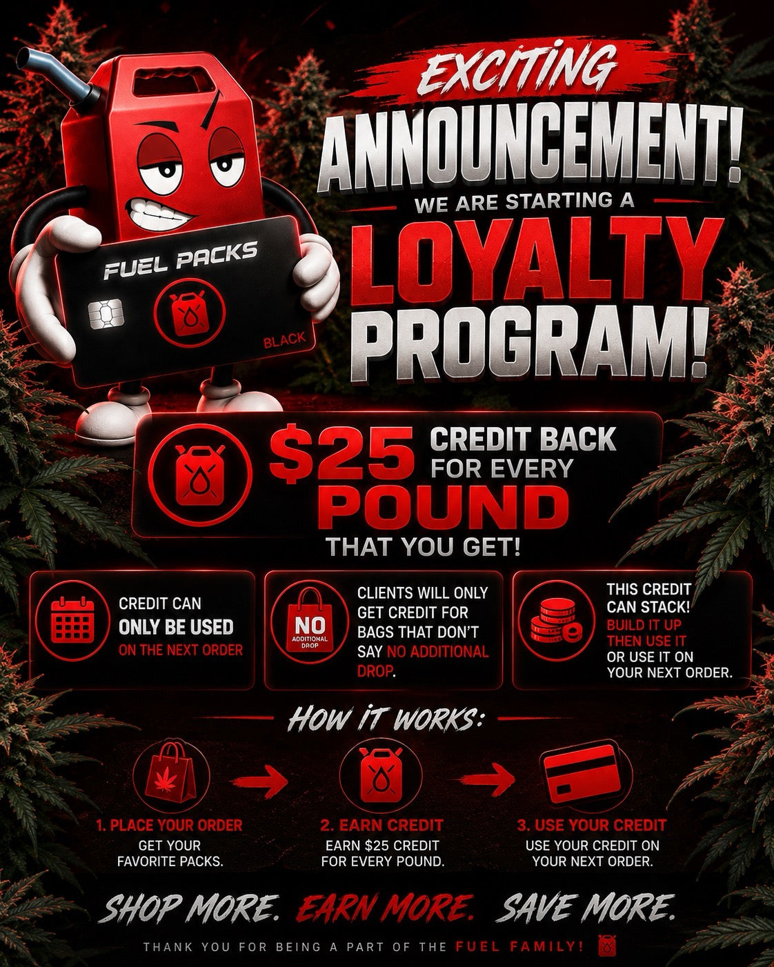 Fuel Packs Loyalty Program — earn $25 credit back for every pound, stackable and redeemable on your next order
